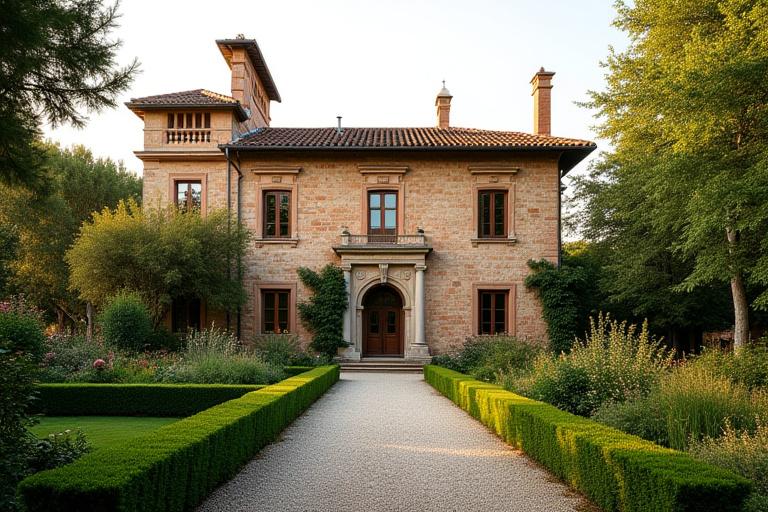 Esterno di una villa storica ristrutturata con giardino